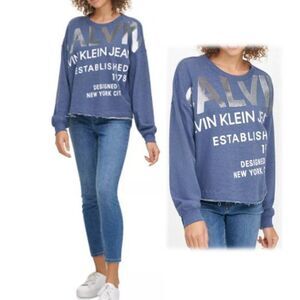 Calvin Klein Women Sweatshirt Small Blue Embellished Large Logo Pullover